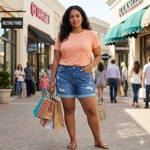 Ava & Viv High-Rise Distressed Midi Jean Shorts Blue Denim 24W Rolled Cuff